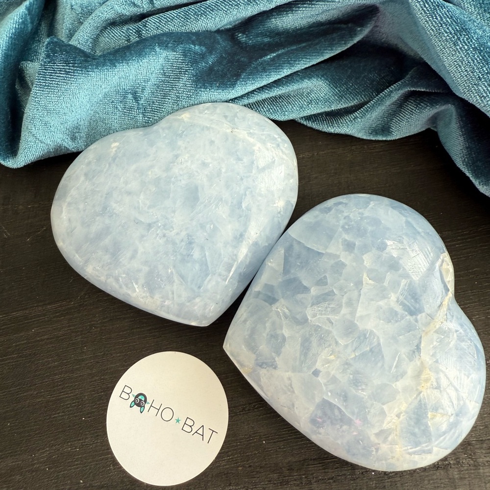 Pair of Blue Calcite Hearts. 3 inches